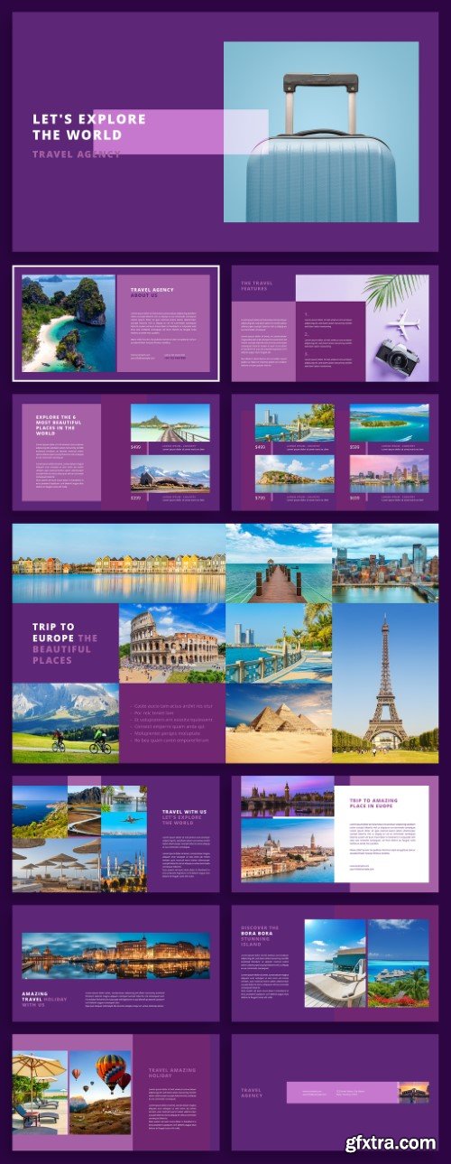 Travel Agency Presentation Layout with Purple Accents