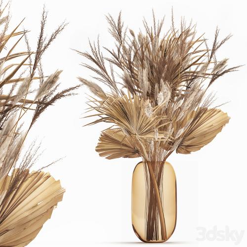 A beautiful bouquet of dried flowers in a glass vase with dry weinik branches and a dry palm leaf, branch . 150.