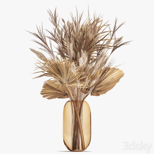 A beautiful bouquet of dried flowers in a glass vase with dry weinik branches and a dry palm leaf, branch . 150.