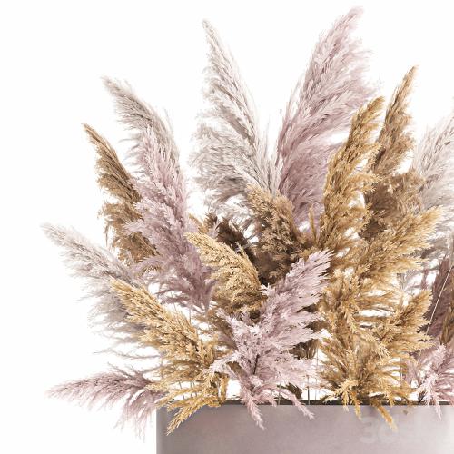 A lush bouquet of dried flowers with pink pampas grass, a vase of Cortaderia, branches. 190.