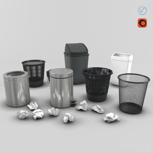 Set of trash cans and crumpled paper