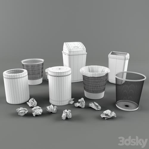 Set of trash cans and crumpled paper