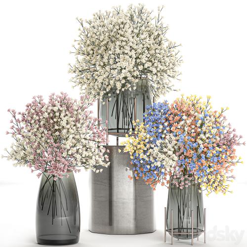 A collection of beautiful lush little white and pink bouquets in glass vases with Gypsophila, Gibsolyubka, Kachim. Set 107.