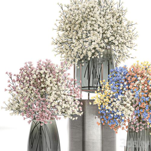 A collection of beautiful lush little white and pink bouquets in glass vases with Gypsophila, Gibsolyubka, Kachim. Set 107.