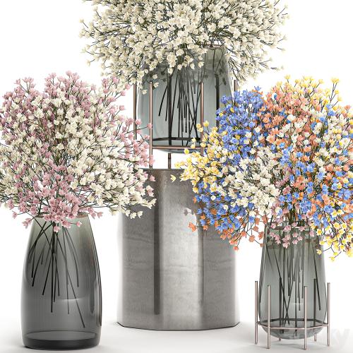 A collection of beautiful lush little white and pink bouquets in glass vases with Gypsophila, Gibsolyubka, Kachim. Set 107.