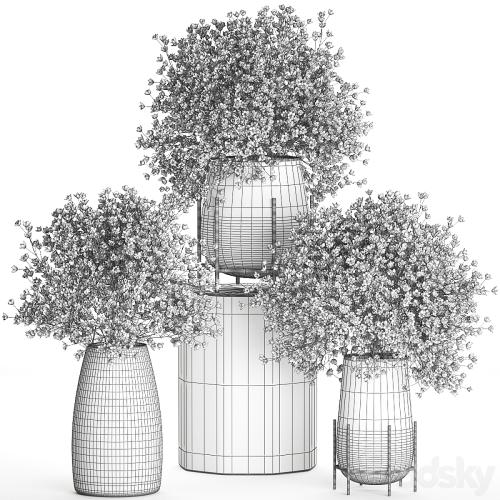 A collection of beautiful lush little white and pink bouquets in glass vases with Gypsophila, Gibsolyubka, Kachim. Set 107.