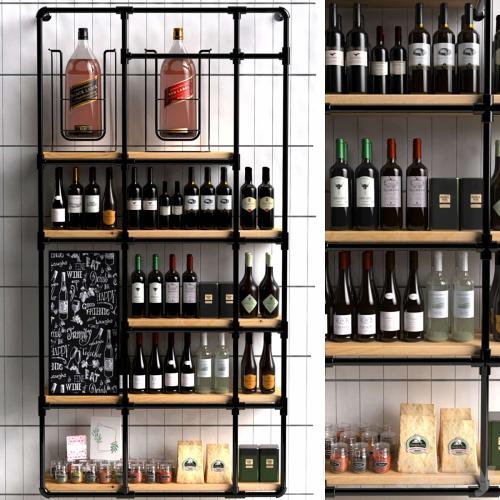 Wine shelf in a loft-style supermarket with a collection of red wine. Wine