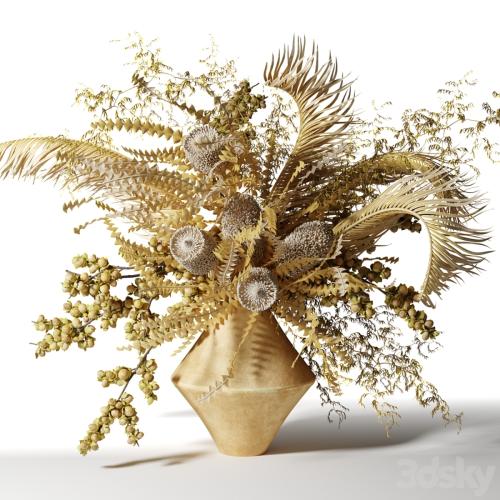 Bouquet of dried flowers with palm leaves, bankxia and walnut branches