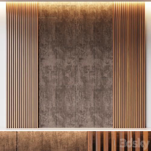 Decorative wall panel made of oak battens and beige velveteen