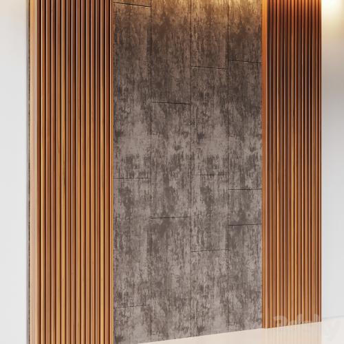 Decorative wall panel made of oak battens and beige velveteen