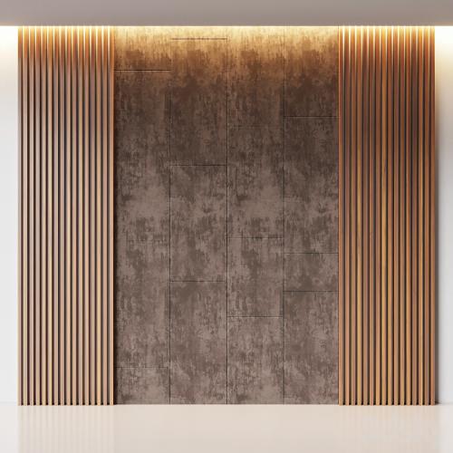 Decorative wall panel made of oak battens and beige velveteen