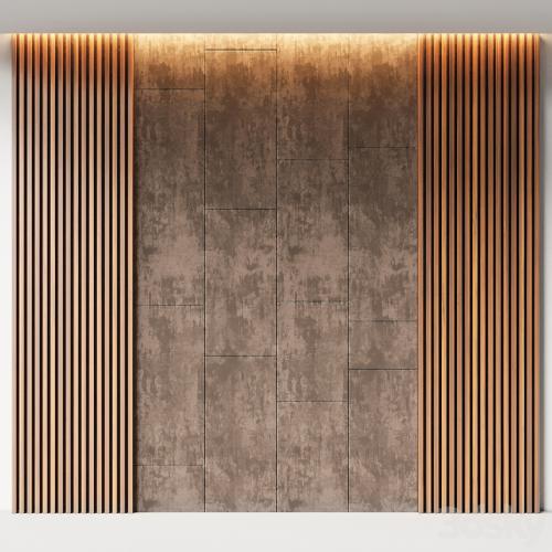 Decorative wall panel made of oak battens and beige velveteen