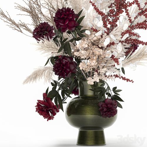 Bouquet 235. Dried flowers, pampas grass, moonflower, branches, reeds, luxury vase, decor, white, peony, Ilex, Holly, SOLIDAGO