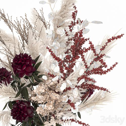 Bouquet 235. Dried flowers, pampas grass, moonflower, branches, reeds, luxury vase, decor, white, peony, Ilex, Holly, SOLIDAGO