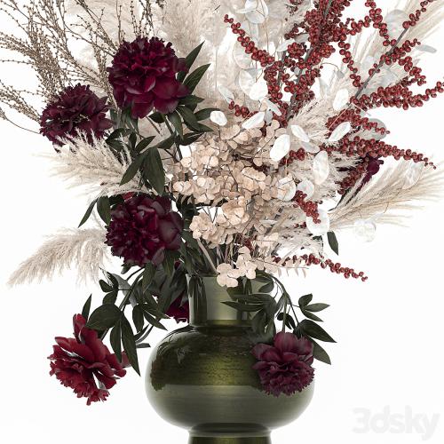 Bouquet 235. Dried flowers, pampas grass, moonflower, branches, reeds, luxury vase, decor, white, peony, Ilex, Holly, SOLIDAGO