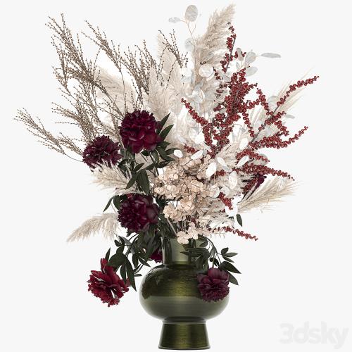 Bouquet 235. Dried flowers, pampas grass, moonflower, branches, reeds, luxury vase, decor, white, peony, Ilex, Holly, SOLIDAGO