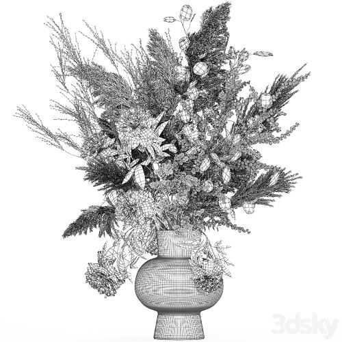 Bouquet 235. Dried flowers, pampas grass, moonflower, branches, reeds, luxury vase, decor, white, peony, Ilex, Holly, SOLIDAGO