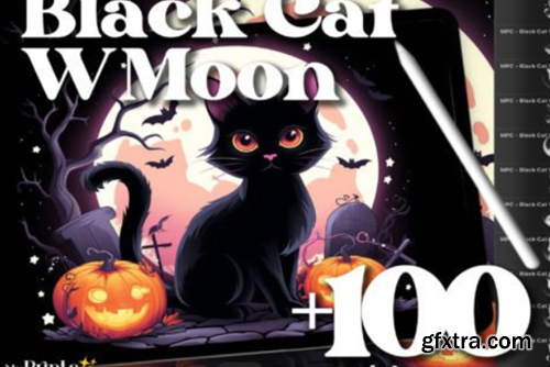 100+ Procreate Black Cat with Moon Stamp