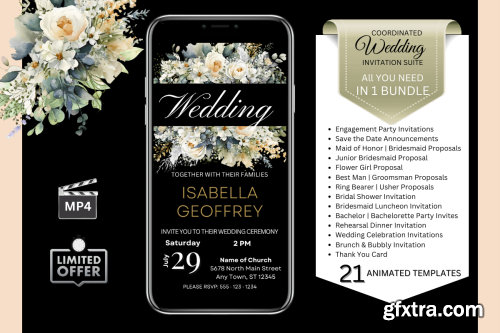 CreativeFabrica  - Wedding Invitations - Watercolor Soft White Roses (Black Background) Bundle