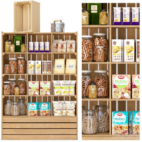 Showcase in a supermarket with nuts, cereals and dry breakfasts