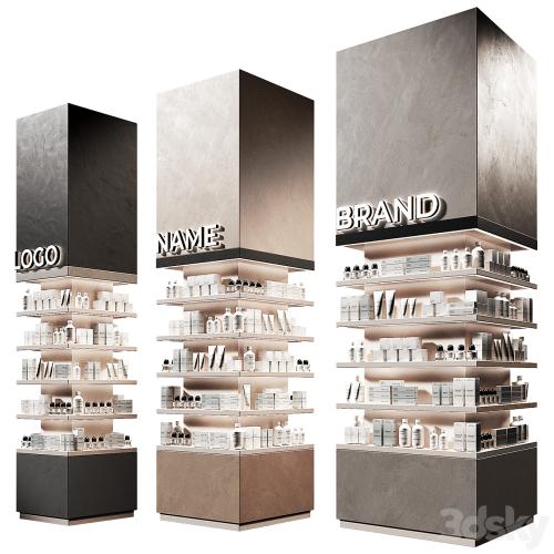 Columns of racks with trade products. Square showcase with cosmetics. Island of Pharmaceutical Products.