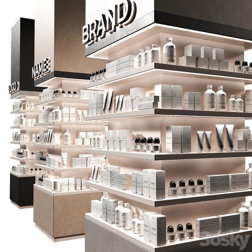 Columns of racks with trade products. Square showcase with cosmetics. Island of Pharmaceutical Products.