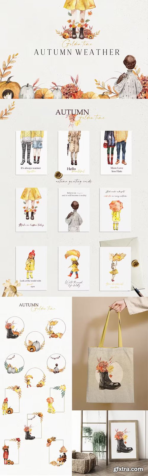 Watercolor Golden Bright Autumn Weather Set