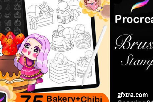 75 Procreate Bakery + Chibi Pose Stamps