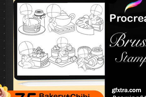 75 Procreate Bakery + Chibi Pose Stamps