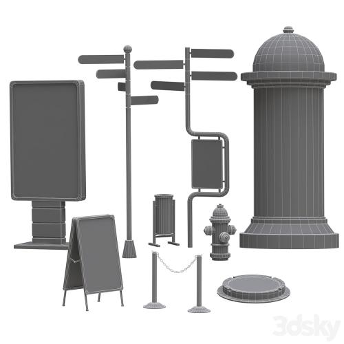 Collection of elements for filling the street low poly PBR