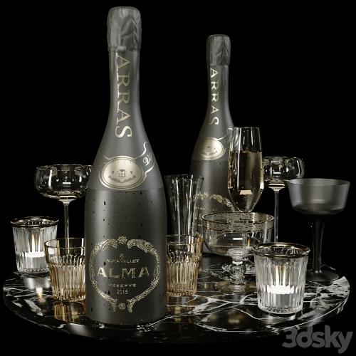 Collection of sparkling wine with crystal glasses and marble tray