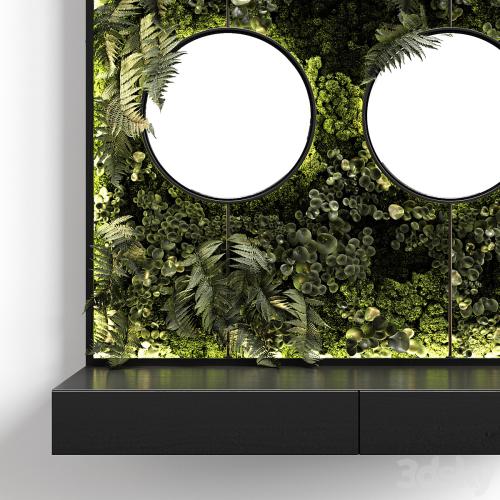 Console with mirrors and vertical garden