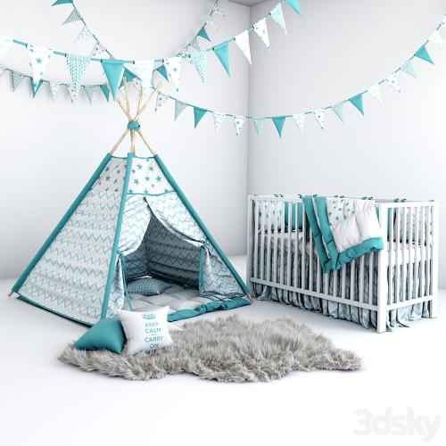 Set for baby boy - wigwam with mattress, pillows, fur coat and cot