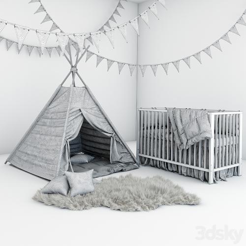 Set for baby boy - wigwam with mattress, pillows, fur coat and cot