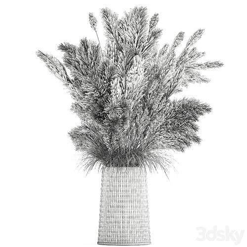 Beautiful lush bouquet of dried flowers in a vase with dry branches of pampas, Cortaderia, white reeds. 146.