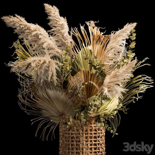 Installation bouquet pampas grass in a wicker basket of twigs, dry leaves, dried flower. 239.