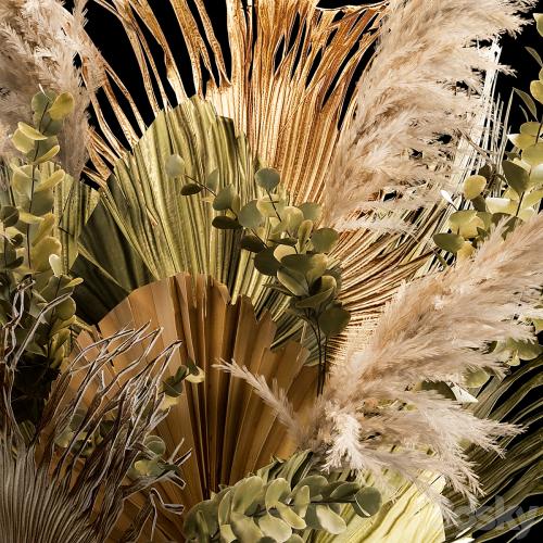 Installation bouquet pampas grass in a wicker basket of twigs, dry leaves, dried flower. 239.