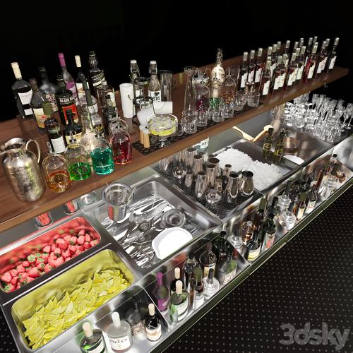 Bar counter with elite alcohol and cocktails. The pub