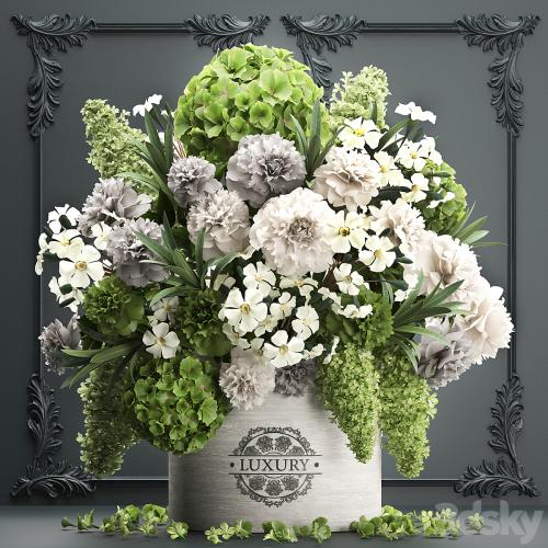 A beautiful lush modern bouquet of white green flowers in a luxury vase with a molded frame, hydrangea, lilac, peonies, oleander. Set 90.