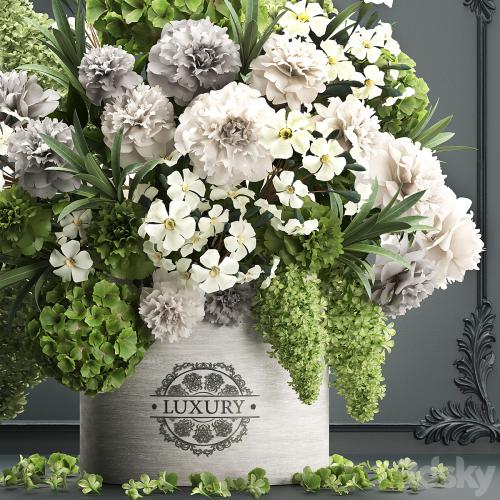 A beautiful lush modern bouquet of white green flowers in a luxury vase with a molded frame, hydrangea, lilac, peonies, oleander. Set 90.