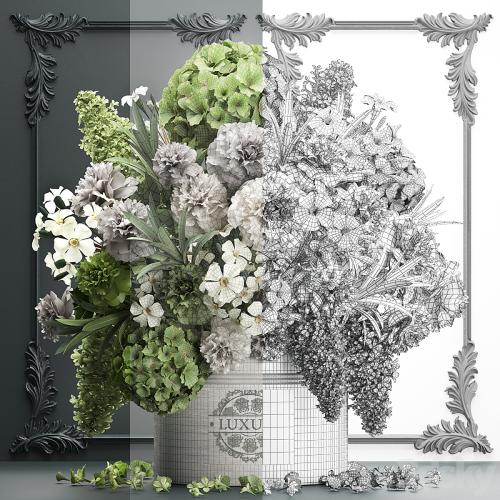 A beautiful lush modern bouquet of white green flowers in a luxury vase with a molded frame, hydrangea, lilac, peonies, oleander. Set 90.