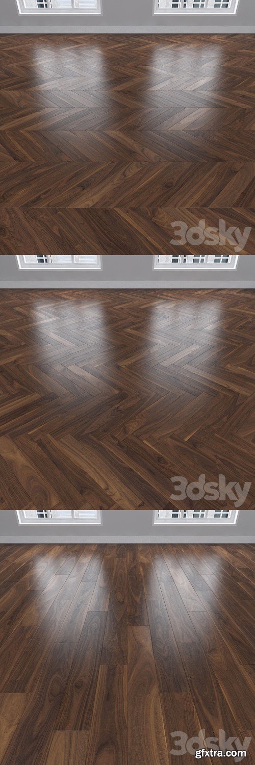 Parquet American walnut, 3 types: herringbone, linear, chevron.