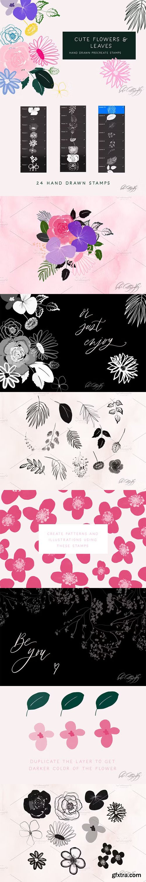 Cute Flowers & Leaves Brushes - Hand Drawn Procreate Stamps