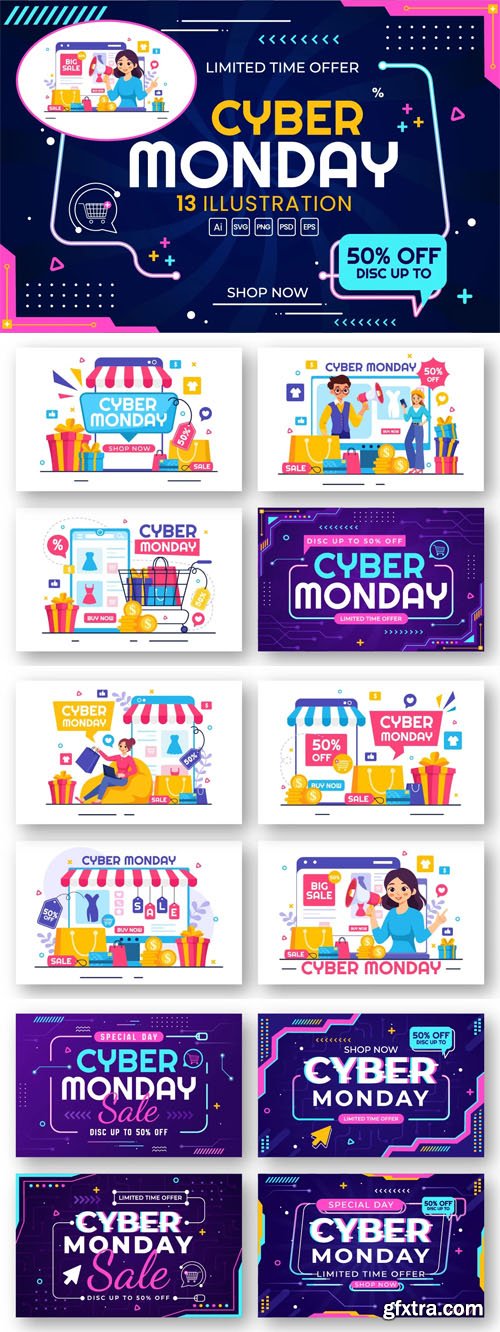 Cyber Monday Event Illustrations - 13 Vector Design Templates