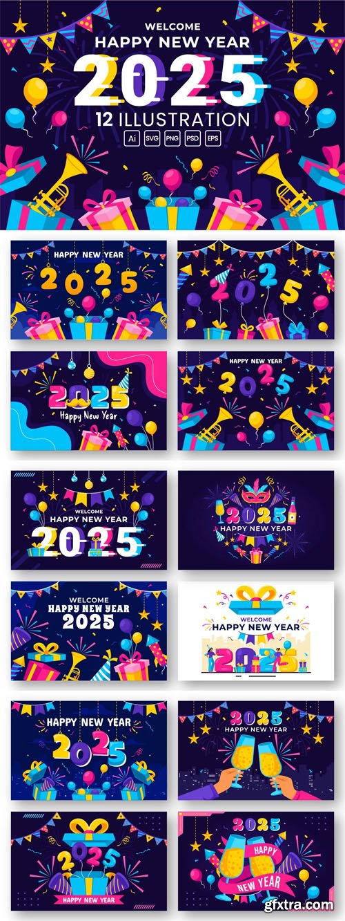 12 Happy New Year 2025 Illustrations