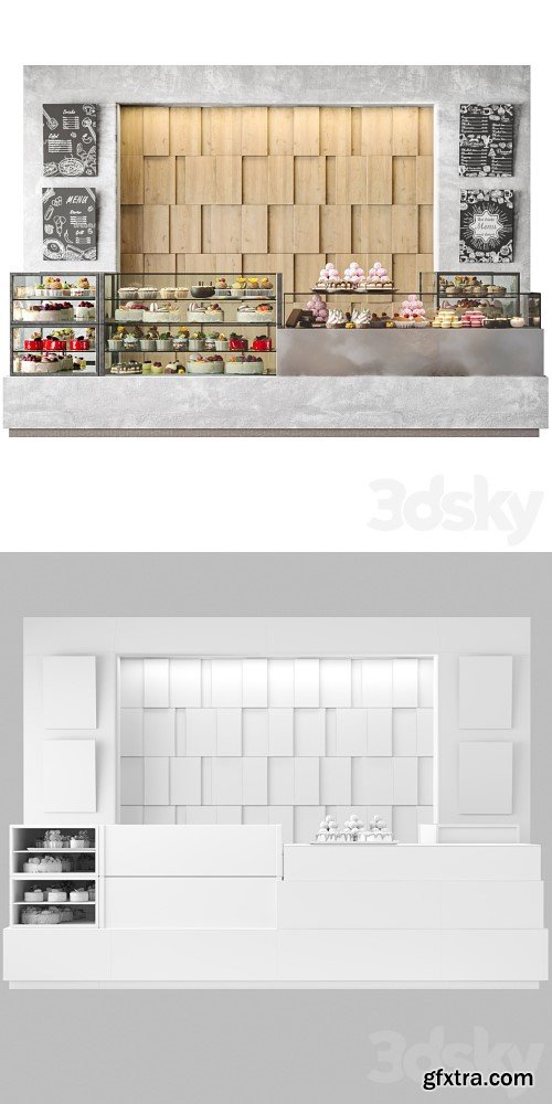 Modern coffee shop with display case with desserts and sweets