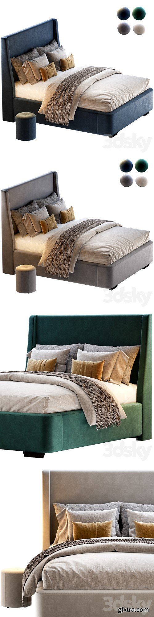 Bed Defense 160 Velvet Grey/emerald/sand/blue with pouffe Kofi Divanru