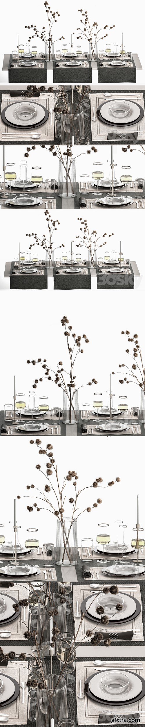 Table setting for 6 persons with a bouquet of dried flowers and thorn branches, zara home. 9.