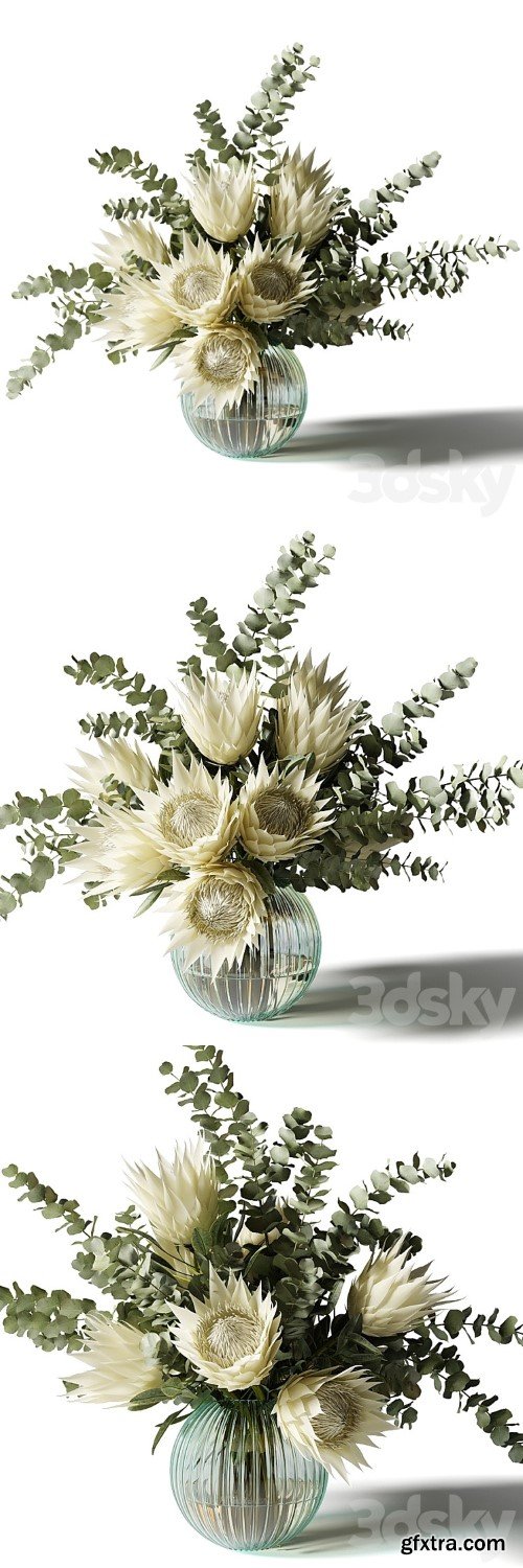 Bouquet with white proteas and eucalyptus in a ribbed glass vase