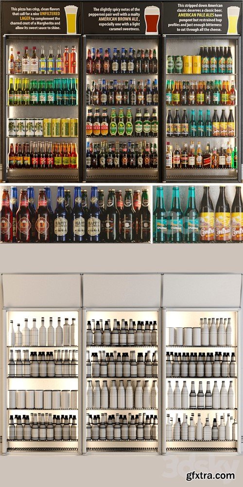 Refrigerator in the supermarket with beer. Alcohol